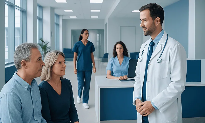 Doctor consulting with elderly patients in a modern hospital setting.