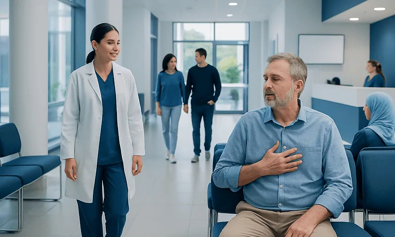 Patient consulting with a doctor in a modern hospital lobby.