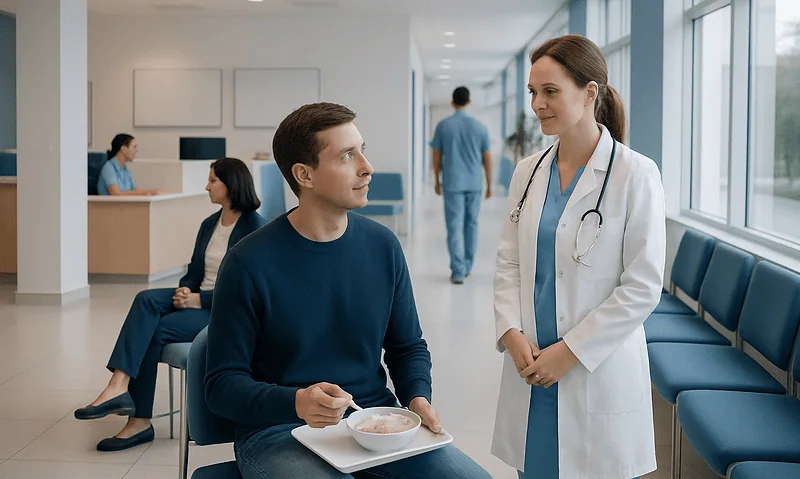 Patient and doctor in hospital corridor engaging in consultation.