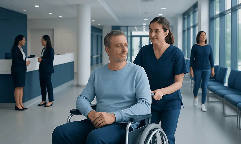 Questions to Ask Before You Book a Recovery Flight Home 4 Patient in wheelchair with nurse in hospital corridor at Acibadem Hospitals Group.