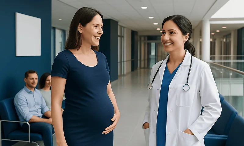Pregnant woman talking to a doctor in a hospital corridor.