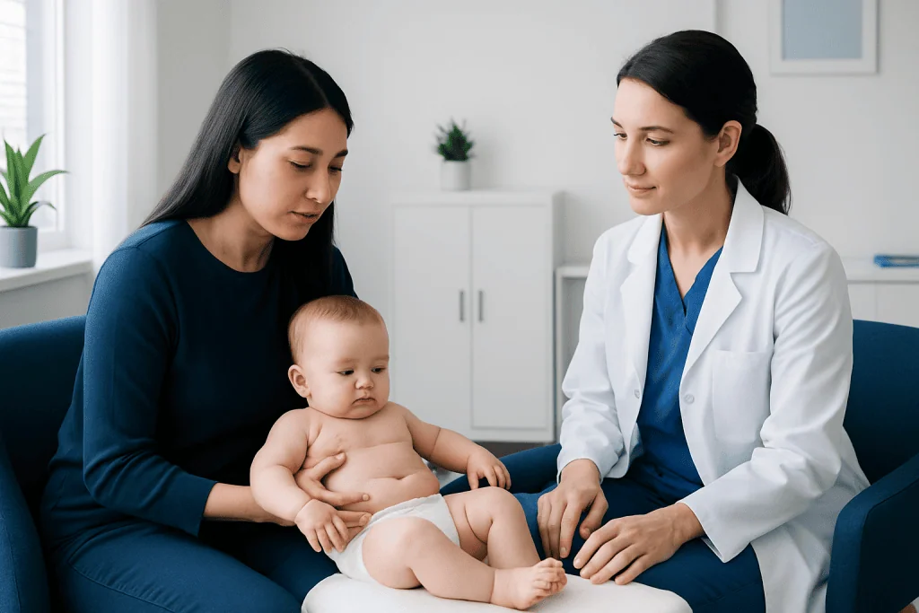 Pediatrician examining a baby with mother in a clinic setting.