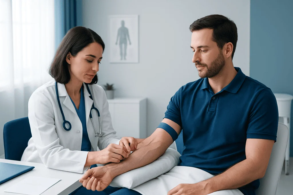 Doctor checking patient's blood pressure in a medical consultation room.