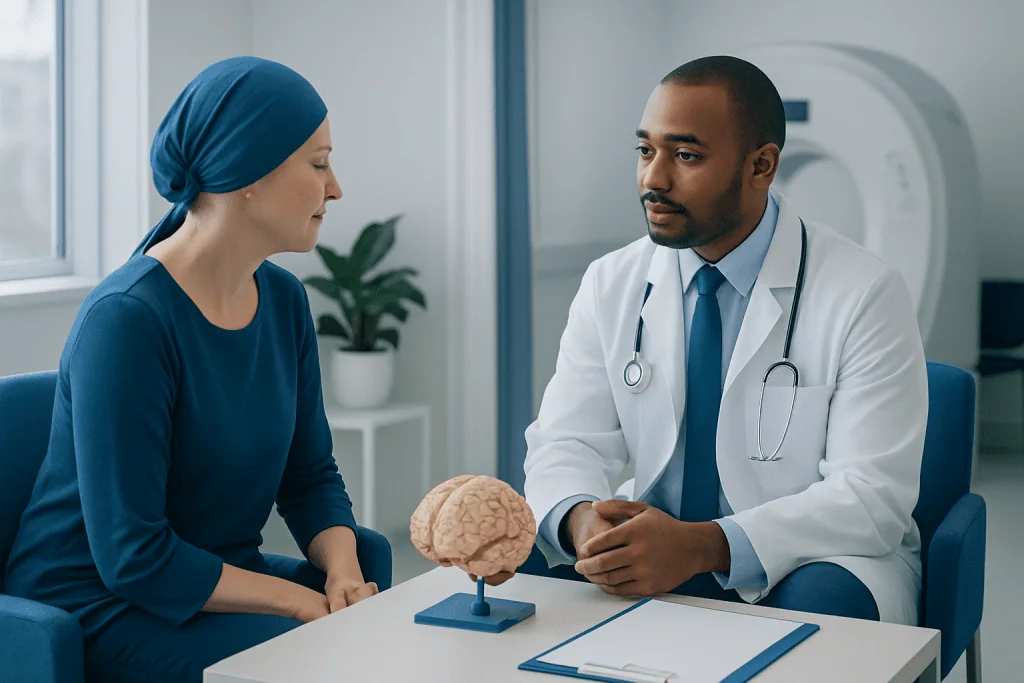 Doctor consulting with a patient in a medical office with brain model.
