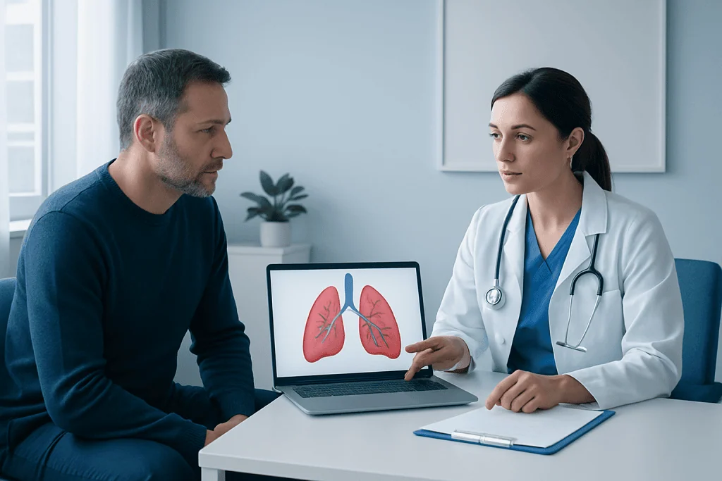 Doctor explaining lung health to patient with lung diagram on screen.