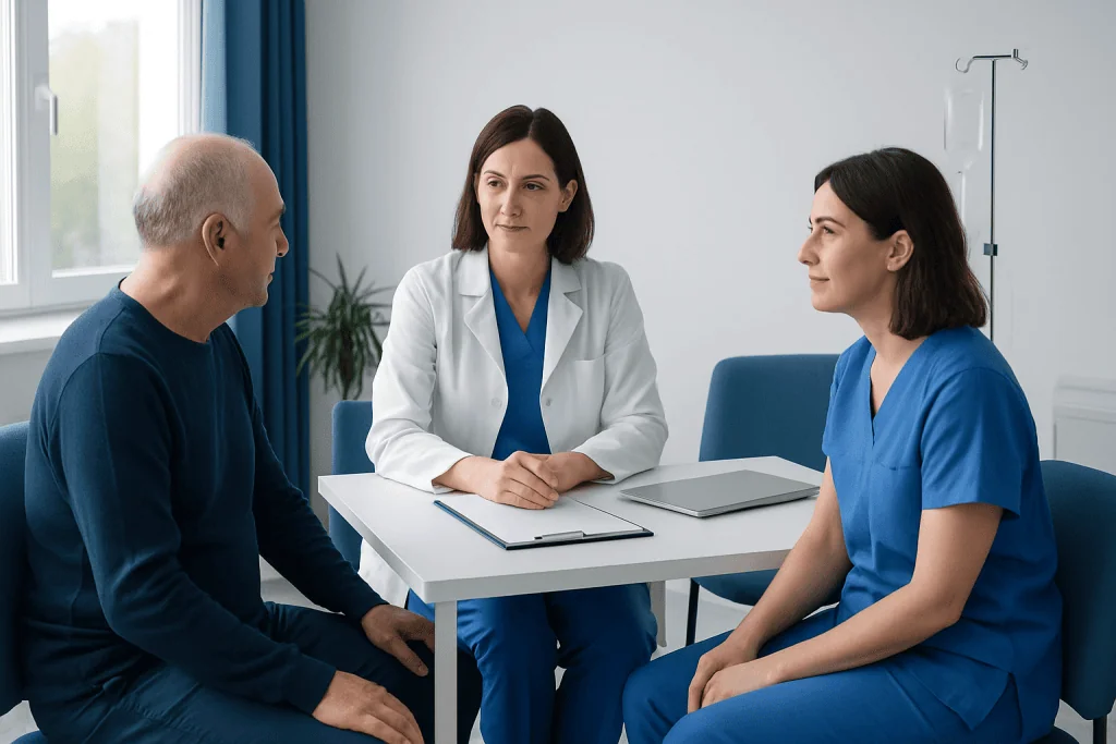 Doctor consulting with two patients in a hospital room.