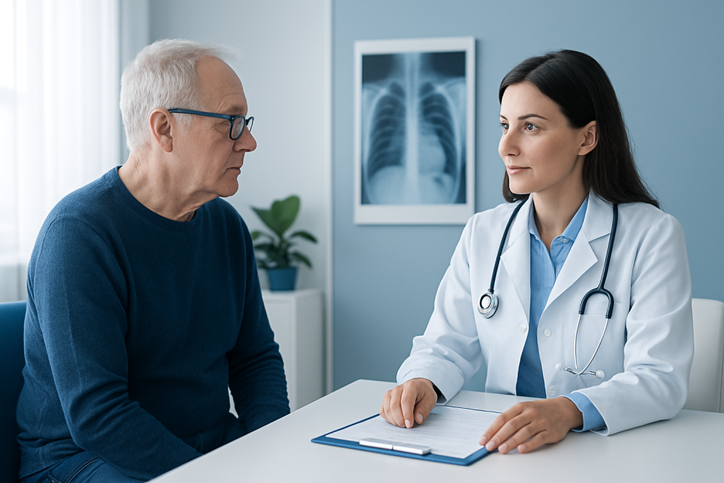 Doctor consulting with elderly male patient in hospital room.