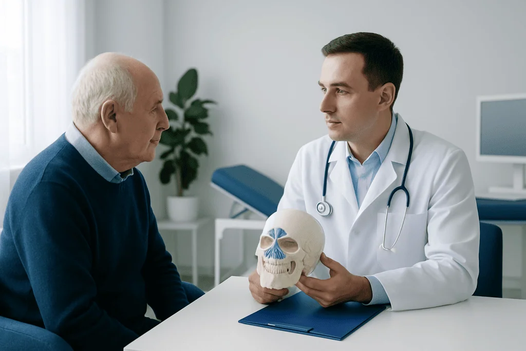 Doctor explaining sinus cancer to an elderly patient with skull model.