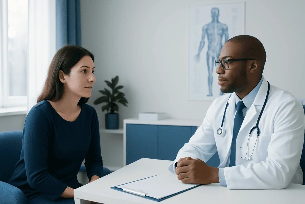 Doctor consulting with a female patient in a medical office.
