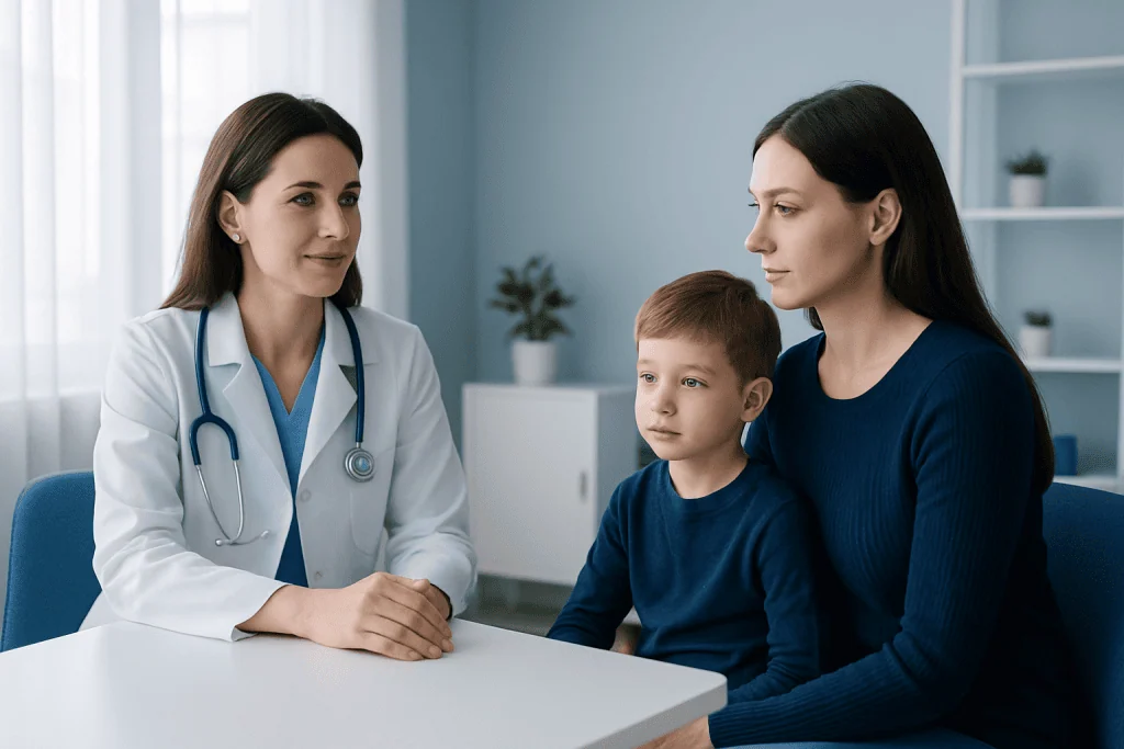 Doctor consulting with mother and child in a medical office.