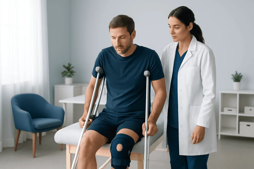 Patient with knee injury using crutches during recovery at hospital.