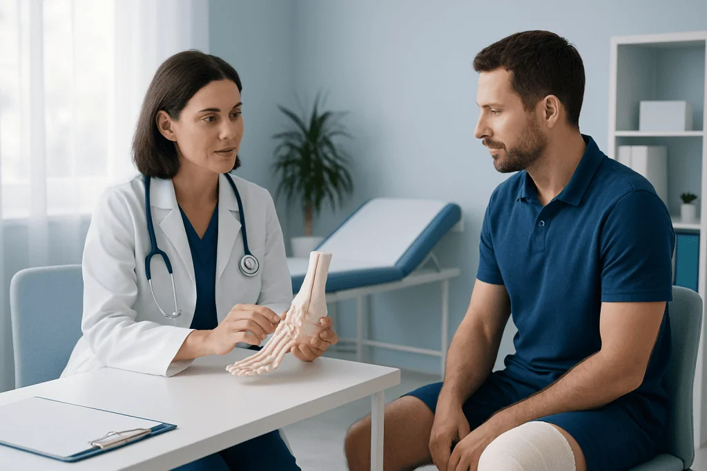 Doctor explaining foot bone fracture treatment to patient in clinic.