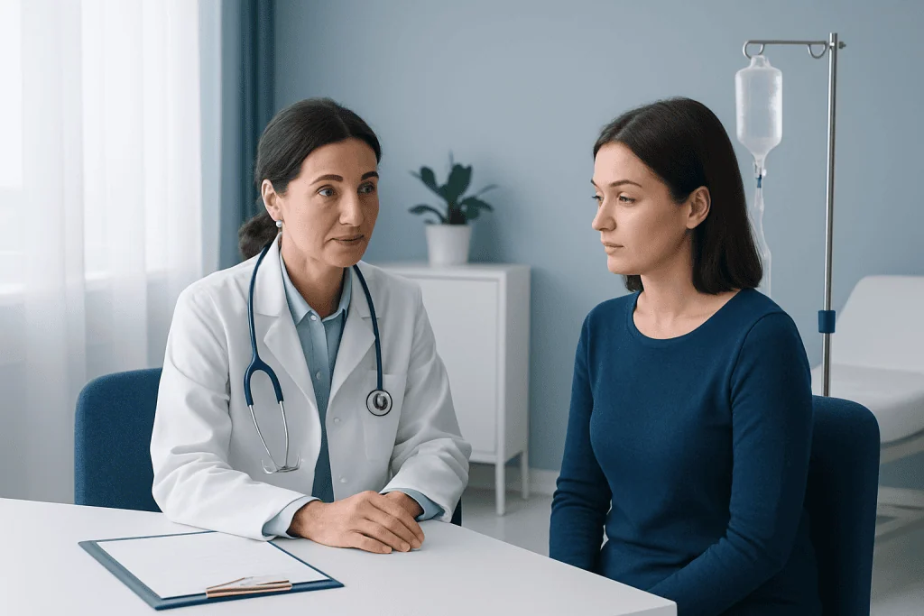 Doctor consulting with a patient in a medical office setting.