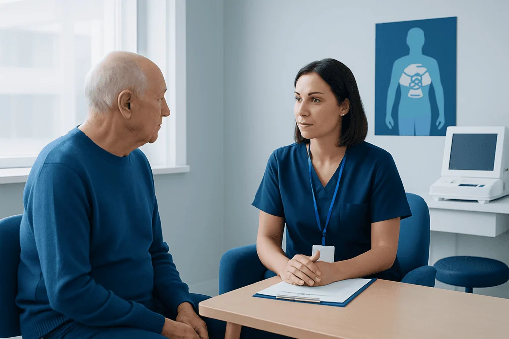 Doctor consulting with elderly patient in medical office.