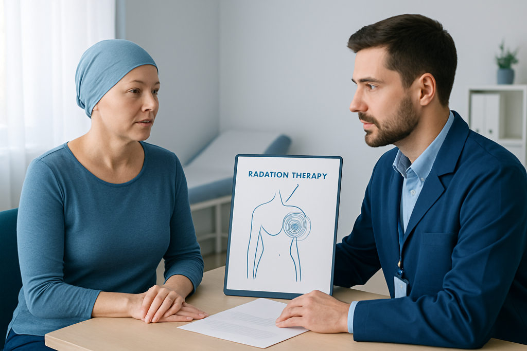 Doctor explaining radiation therapy to a patient with breast cancer.