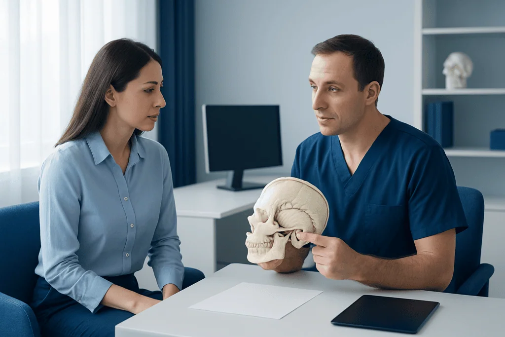 Doctor explaining skull anatomy to patient in a consultation room.