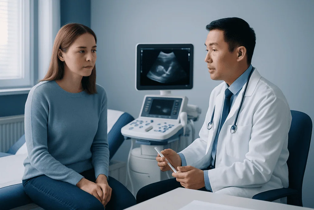 Doctor explaining ultrasound results to a patient in a hospital room.