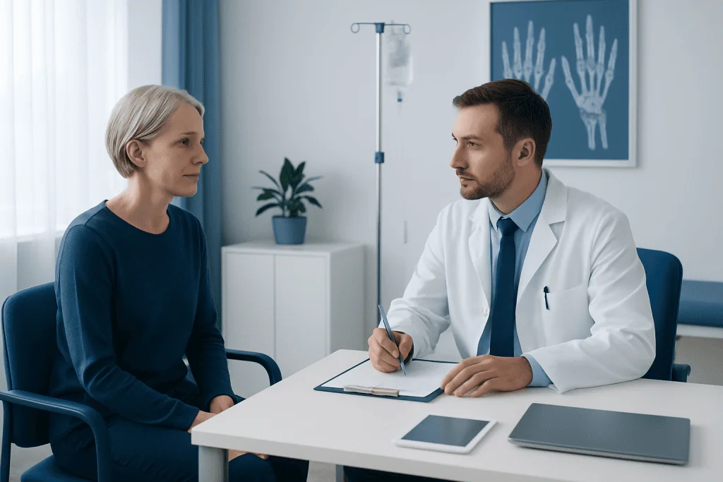 Doctor consulting with a female patient in a medical office setting.