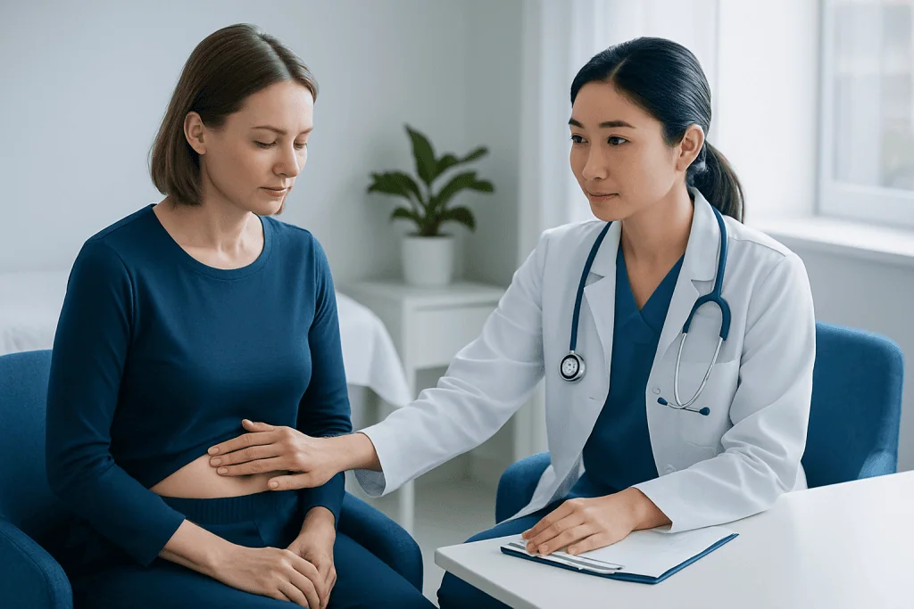 Doctor examining a patient's abdomen in a medical consultation room.