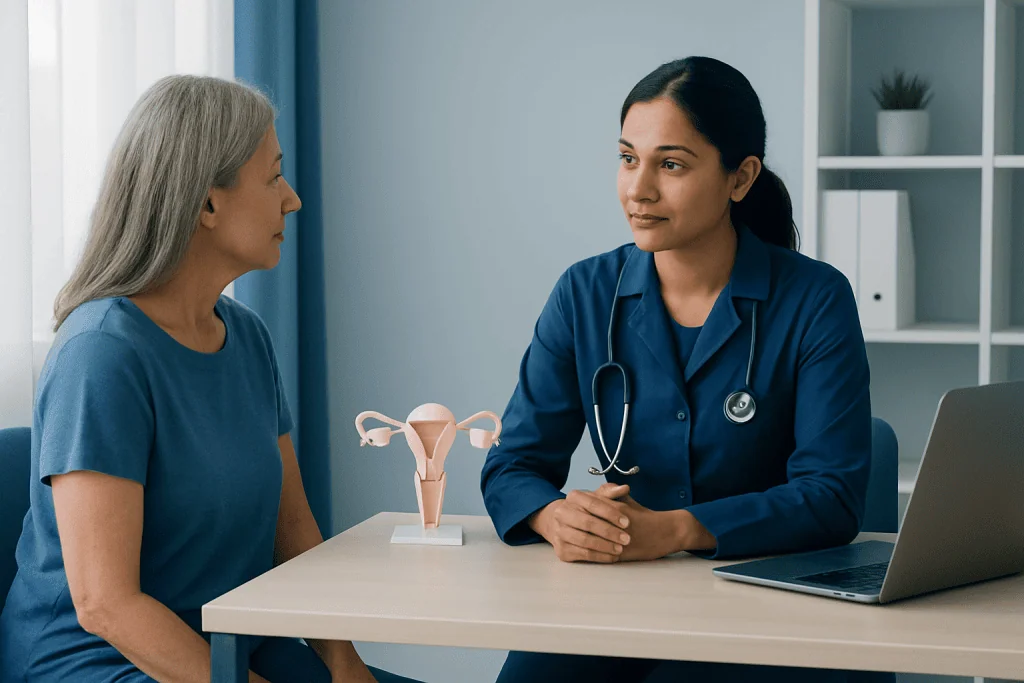 Gynecologist consulting a patient about uterus treatment options.