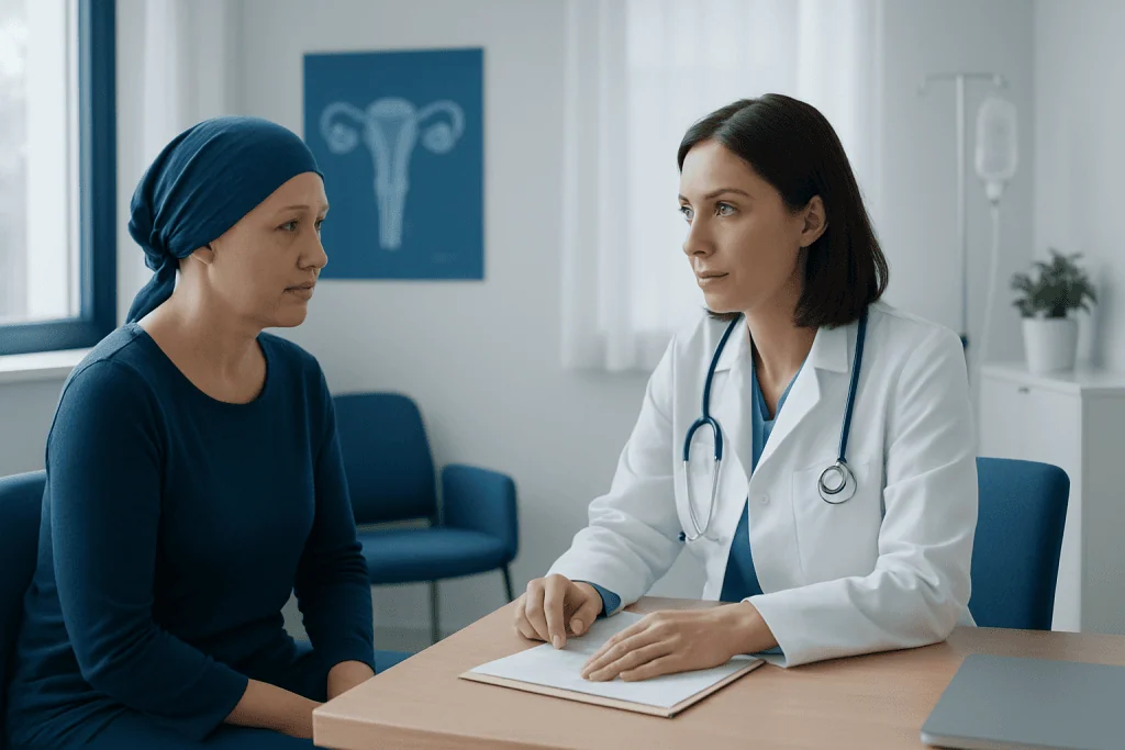 Gynecologist consulting with a patient in a medical office.