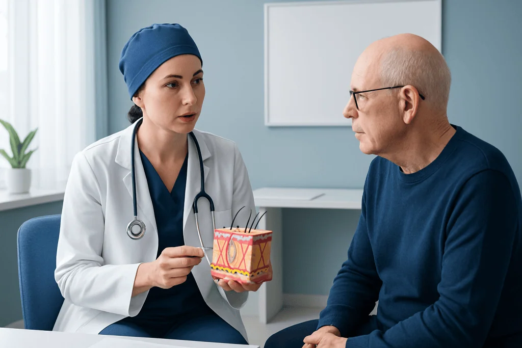 Doctor explaining skin cancer treatment to patient with skin model.