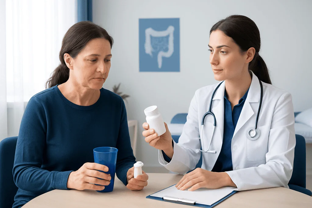 Doctor explaining colonoscopy prep medication to a patient in a clinic.