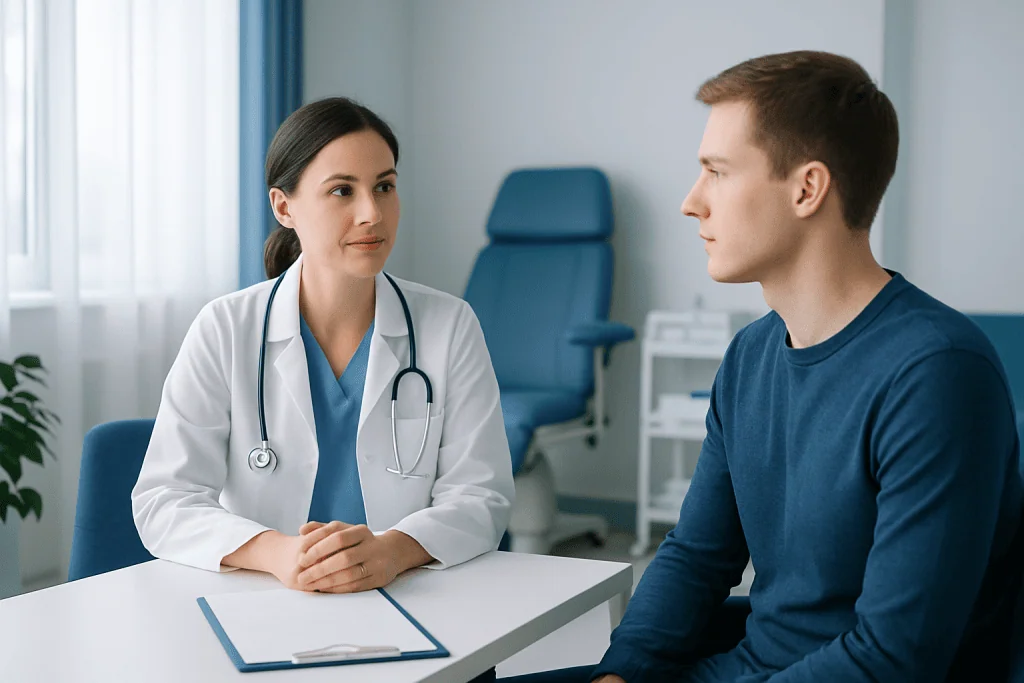 Doctor consulting with a patient in a hospital room.