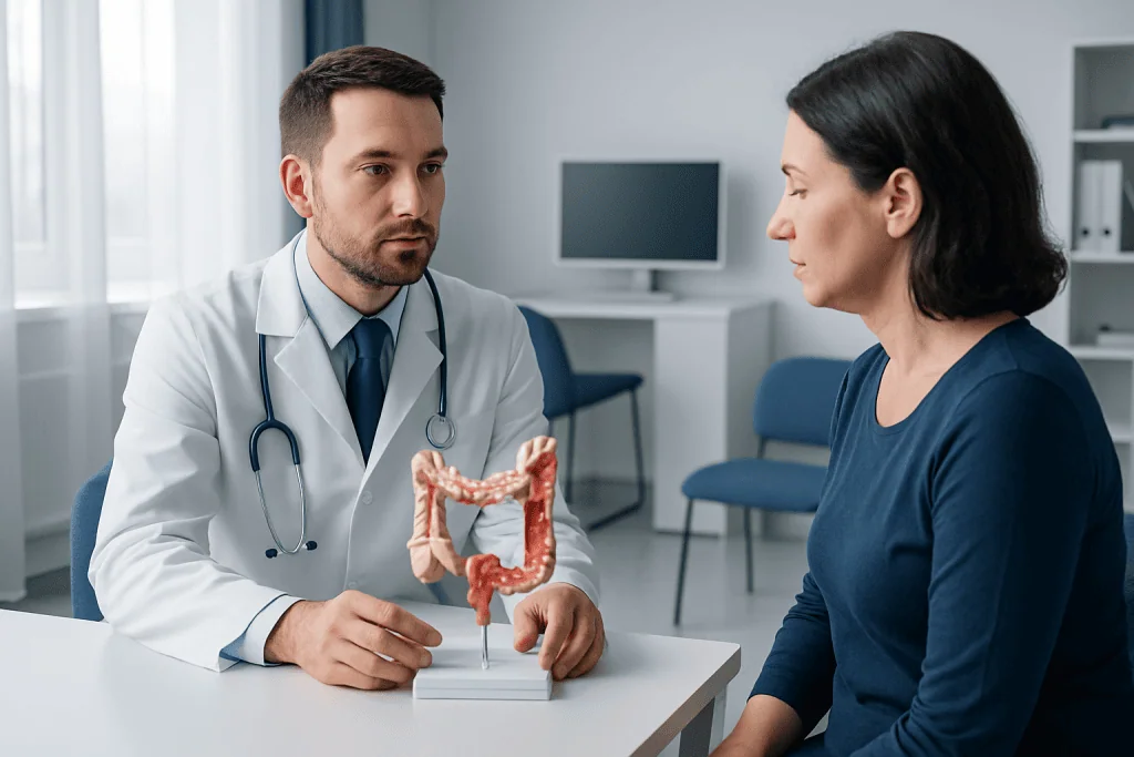 Doctor explaining small intestine anatomy to patient with model.