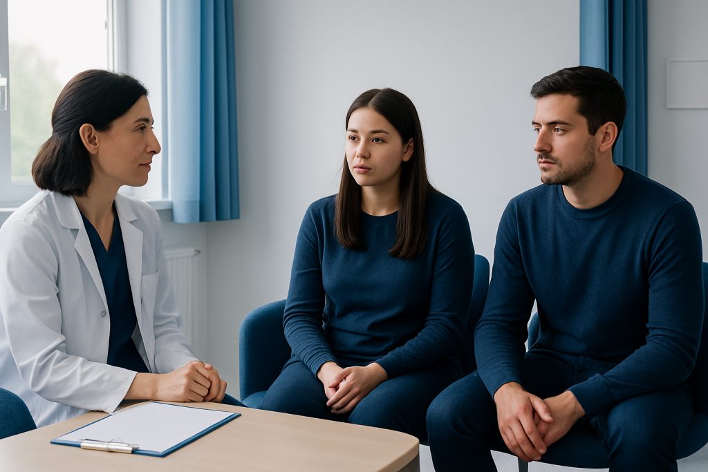 Doctor consulting with young female patient and her father in a medical office.