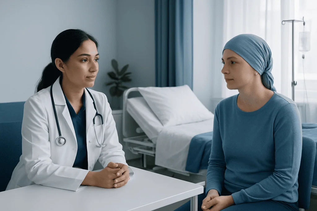 Doctor consulting with a patient in a hospital room.