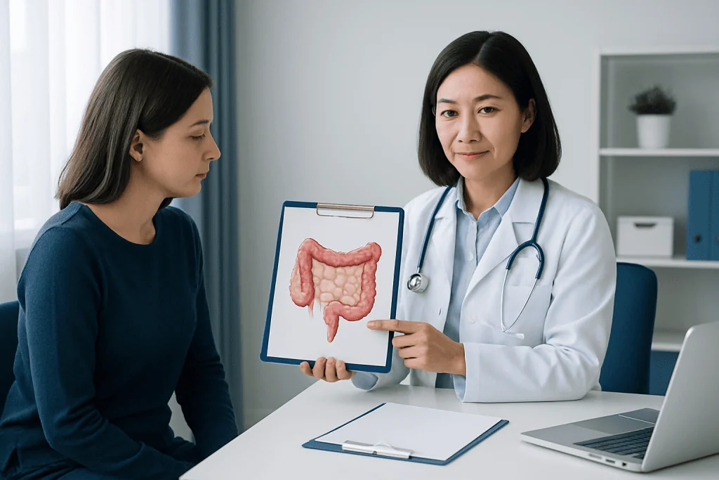 Doctor explaining colon health with a diagram to a patient in a clinic setting.