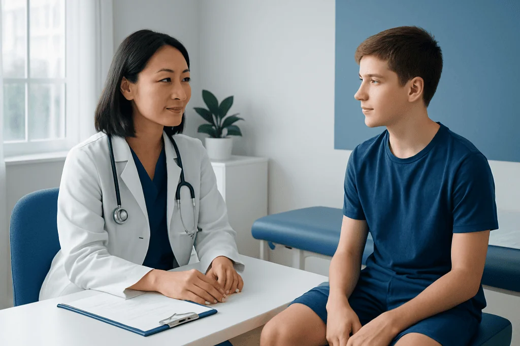 Doctor consulting a teenage patient in a medical office.