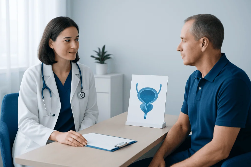 Urologist consulting with patient about bladder health and treatment options.