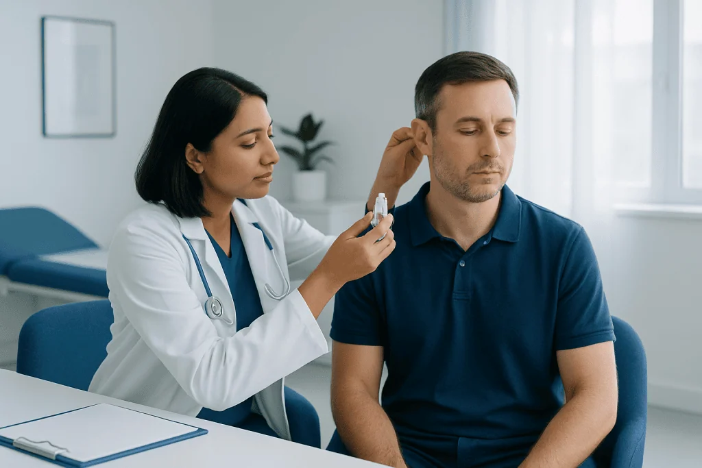 Doctor performing ear wax removal on a patient with mineral oil treatment.