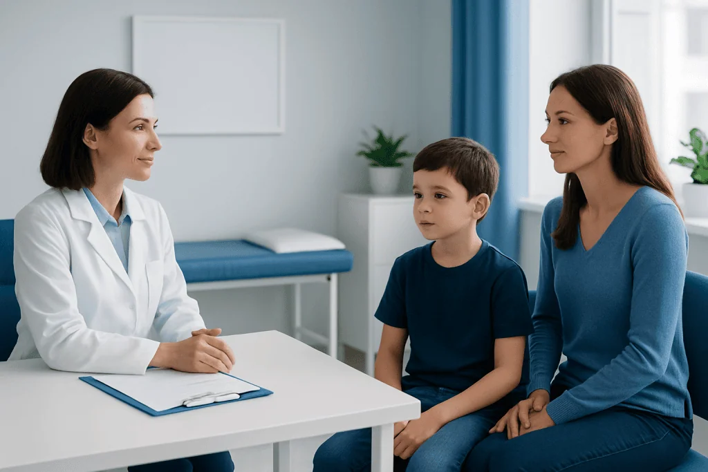 Doctor consulting with a mother and son in a medical office.