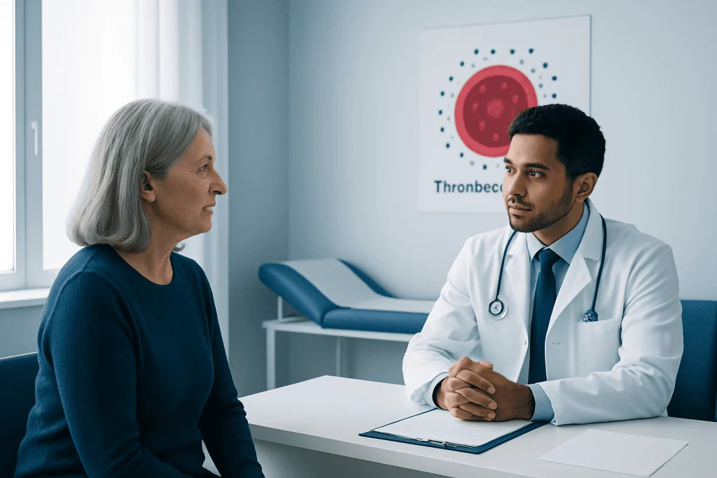 Doctor consulting with an elderly woman in a medical office.