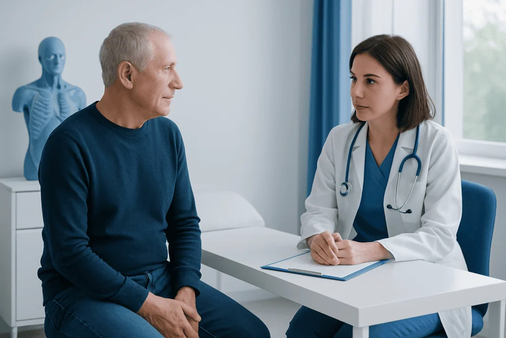 Doctor consulting with an elderly male patient in a medical office.