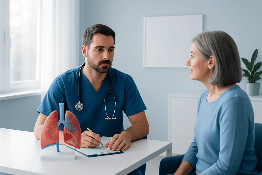 Doctor consulting with a patient about lung health and surgery options.