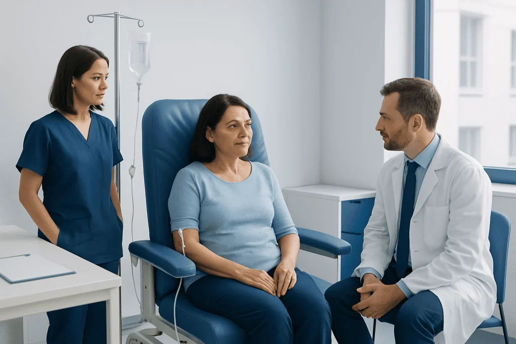Doctor consulting with a patient in a hospital room at Acibadem Hospitals Group.