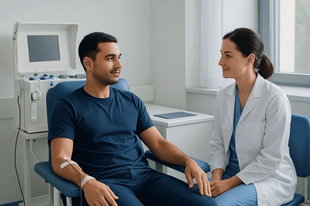 Patient undergoing plasmapheresis treatment with medical staff assistance.