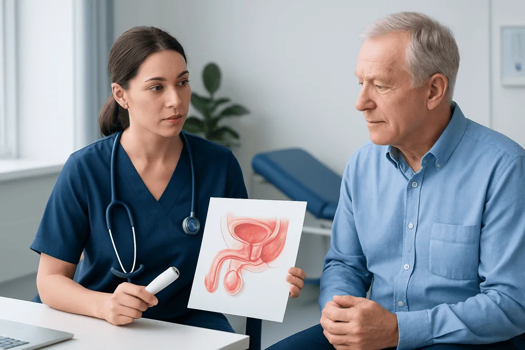 Urologist explaining prostate health to patient with diagram.