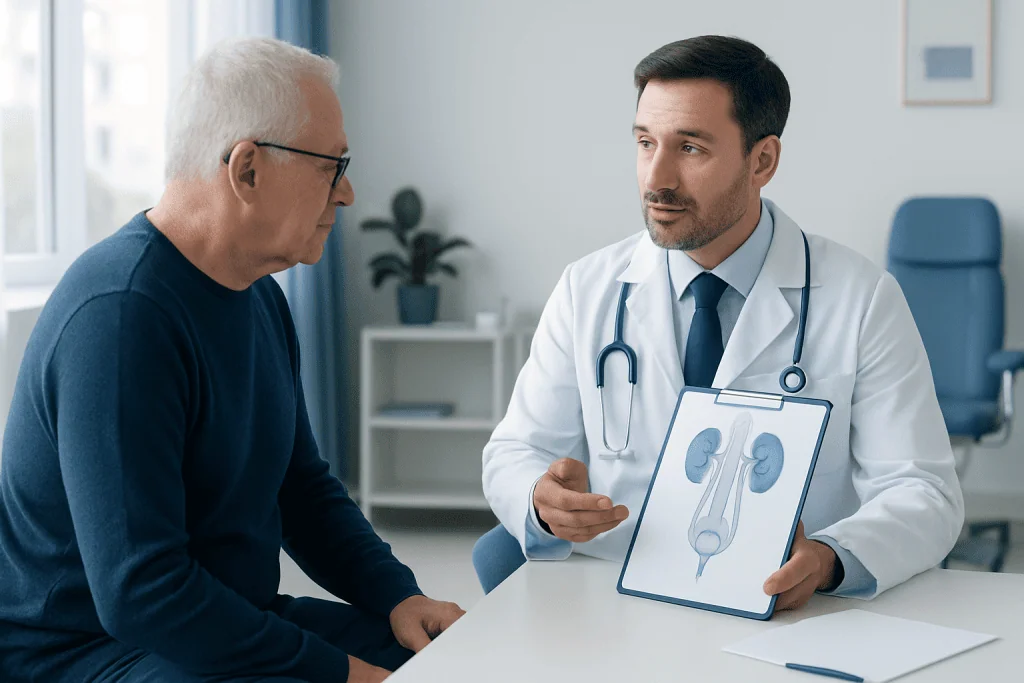 Urologist explaining kidney diagram to patient in clinic setting.