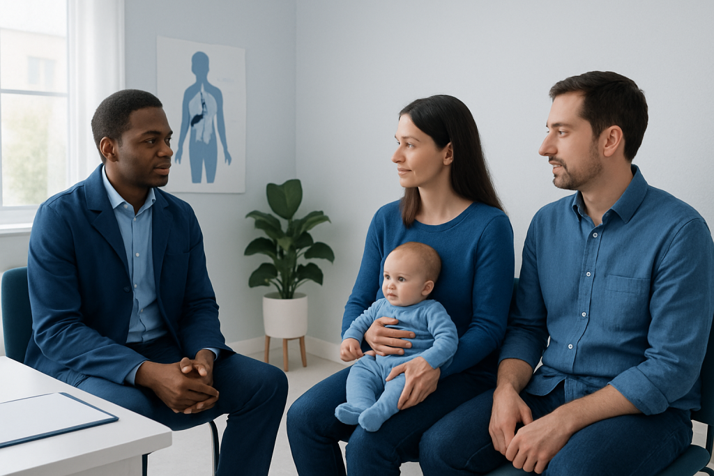 Doctor consulting with a family in a medical office about stem cell transplant.
