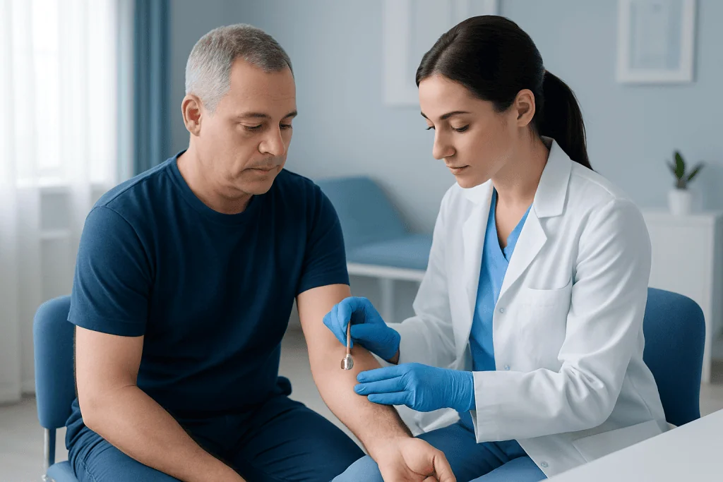 Doctor administering a skin punch biopsy to a patient in a clinical setting.