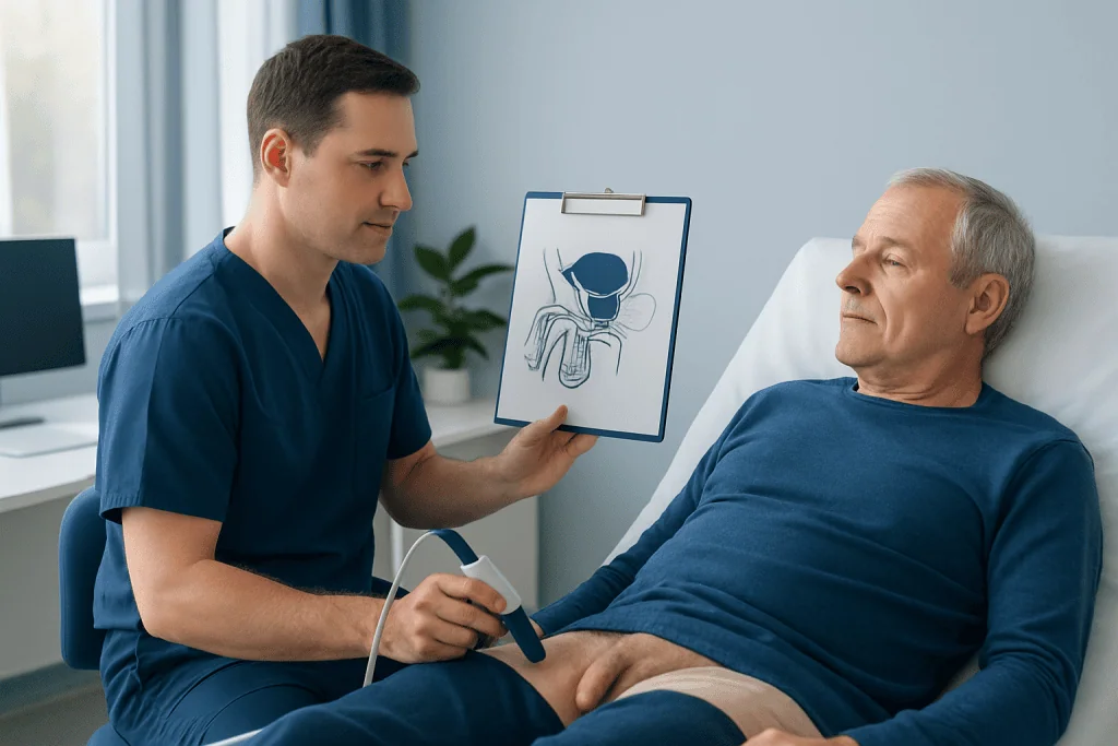Urologist explaining prostate biopsy procedure to patient in hospital room.