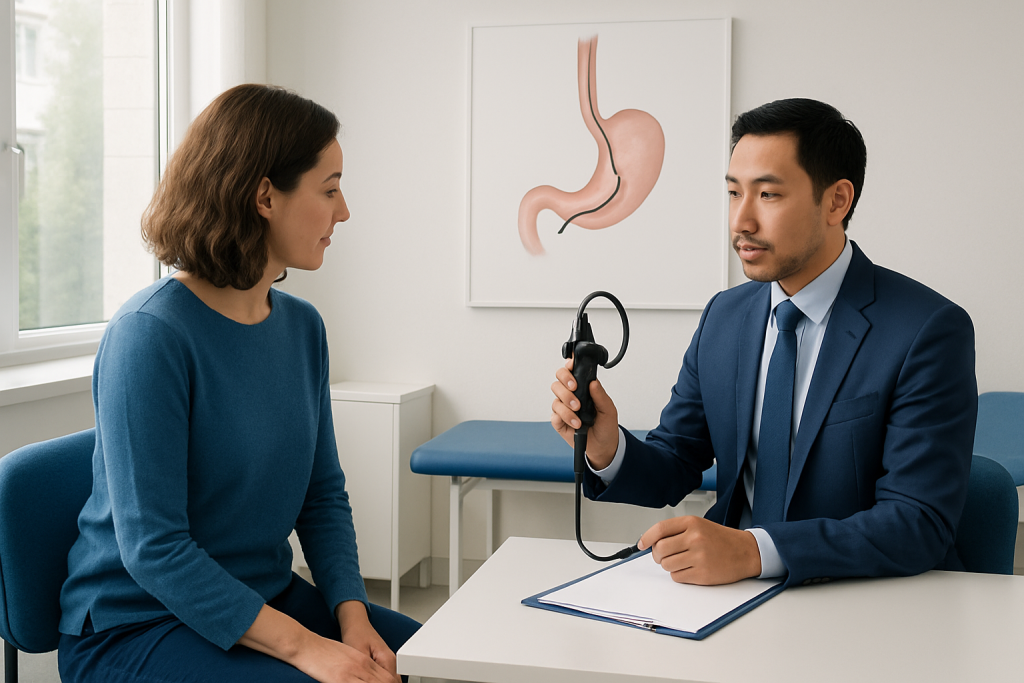 Gastroenterologist explains EoE biopsy procedure to patient in clinic.