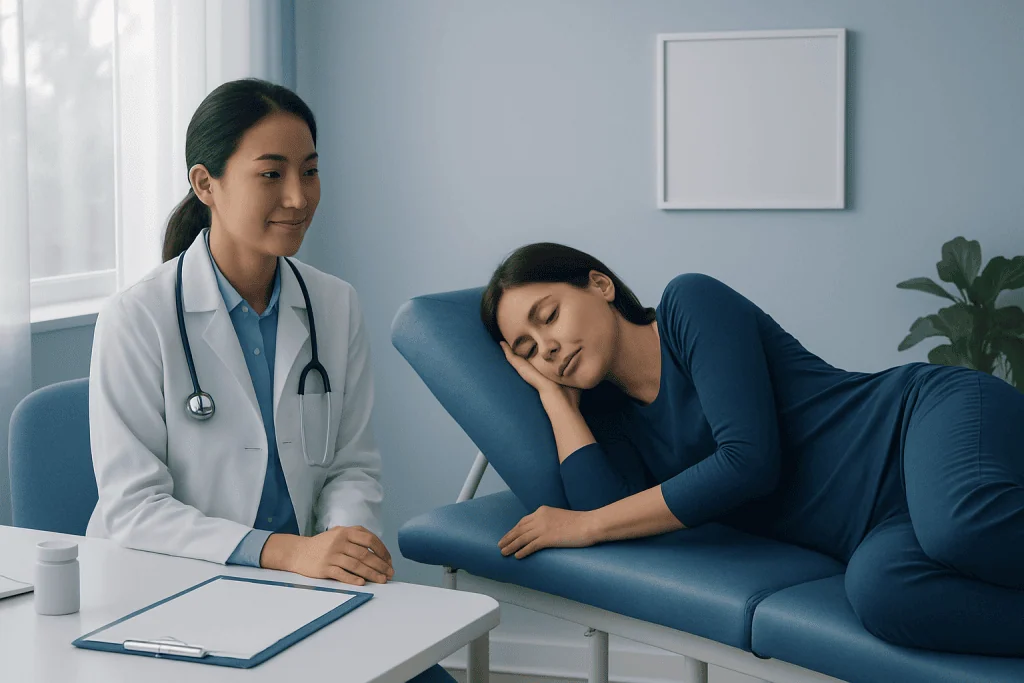 Patient resting on a medical examination table with doctor nearby in a clinic setting.