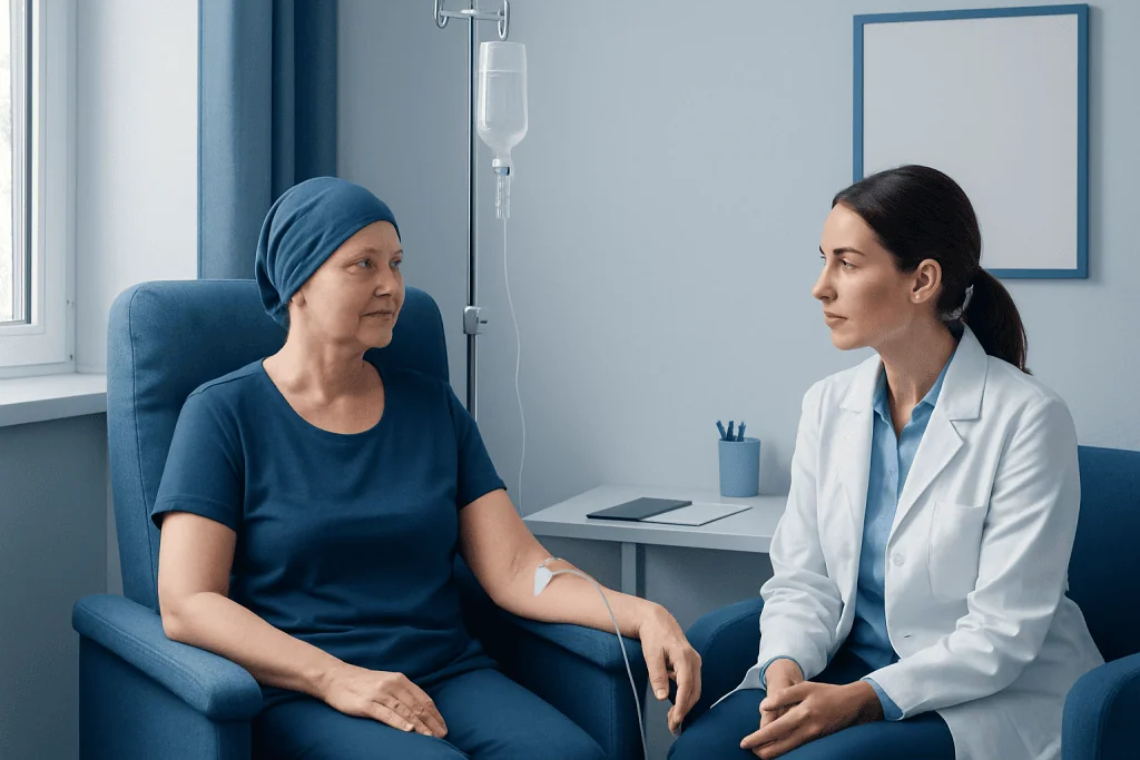 Patient receiving chemotherapy treatment in a hospital room.