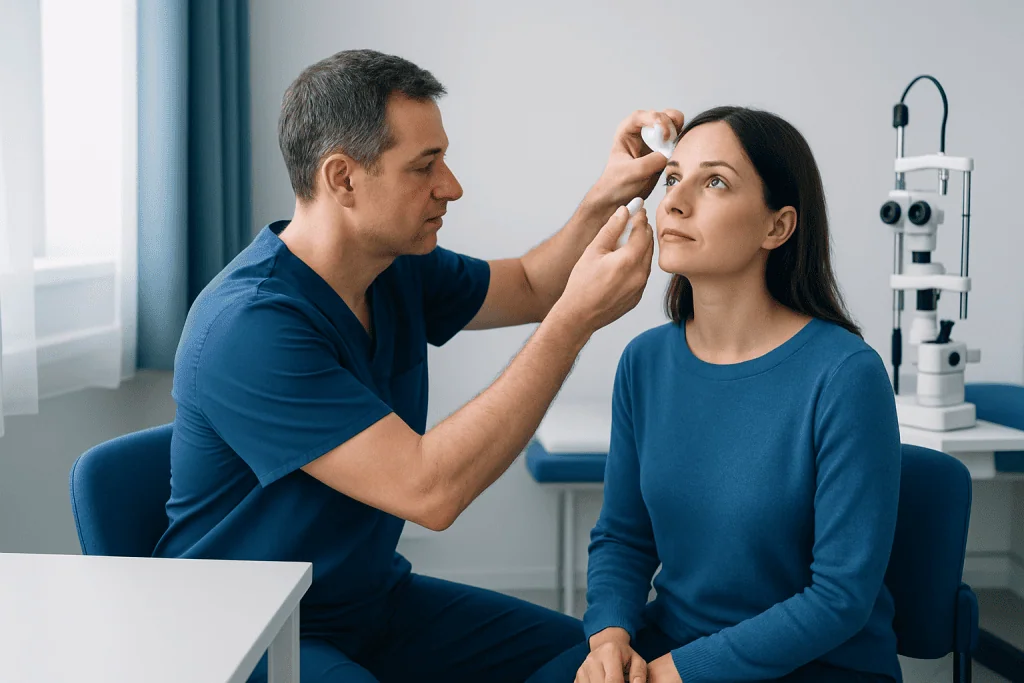 Ophthalmologist examining woman's eyes in a clinical setting.